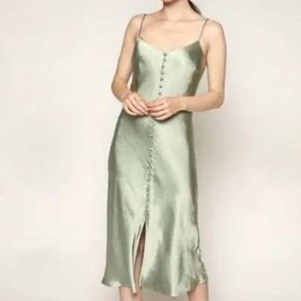 Zara Sage Green Satin ButtonFront Midi Slip Dress Cross Back Small Elegant Guest